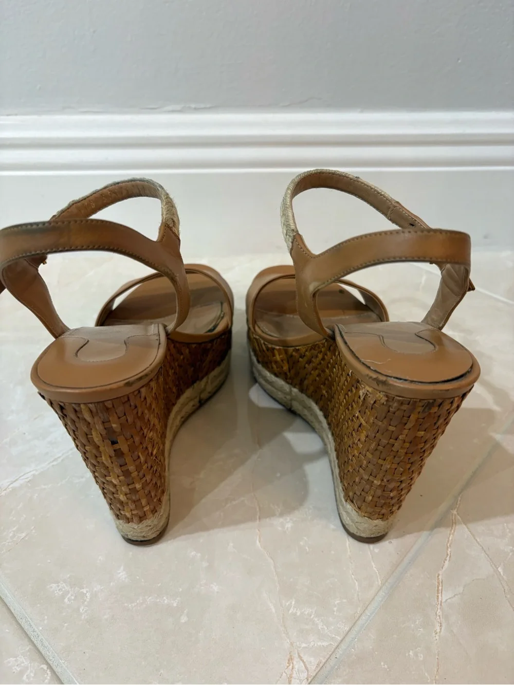 Salvatore Ferragamo Marlene Tan Leather & Wicker Espadrille Wedge Sandals (size
